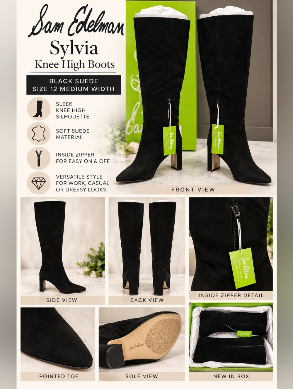 NIB Sam Edelman Sylvia Knee High Black Suede Boots Size 12M